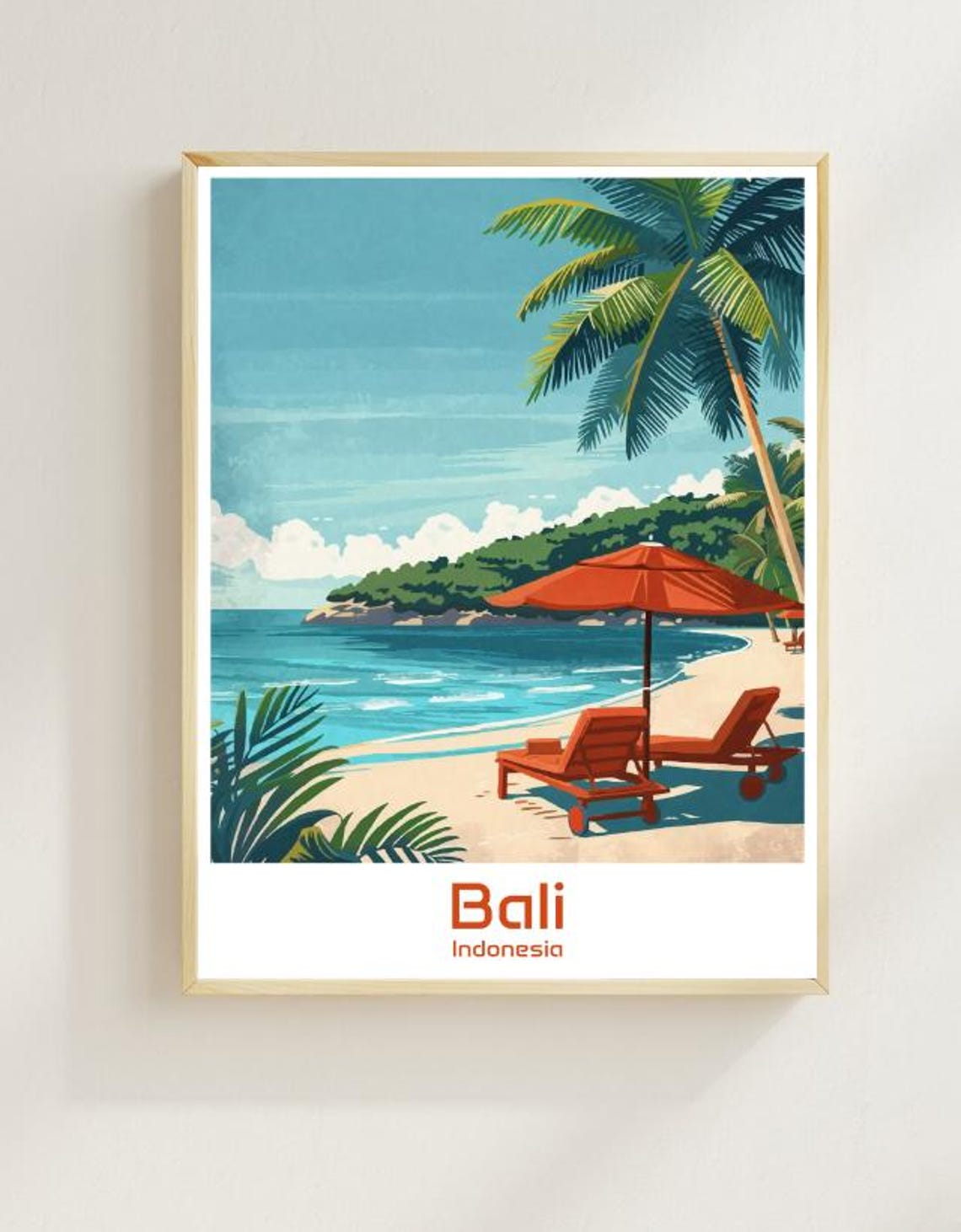 Bali Indonesia Beach Sun Loungers Palm Tree Umbrella Travel Poster