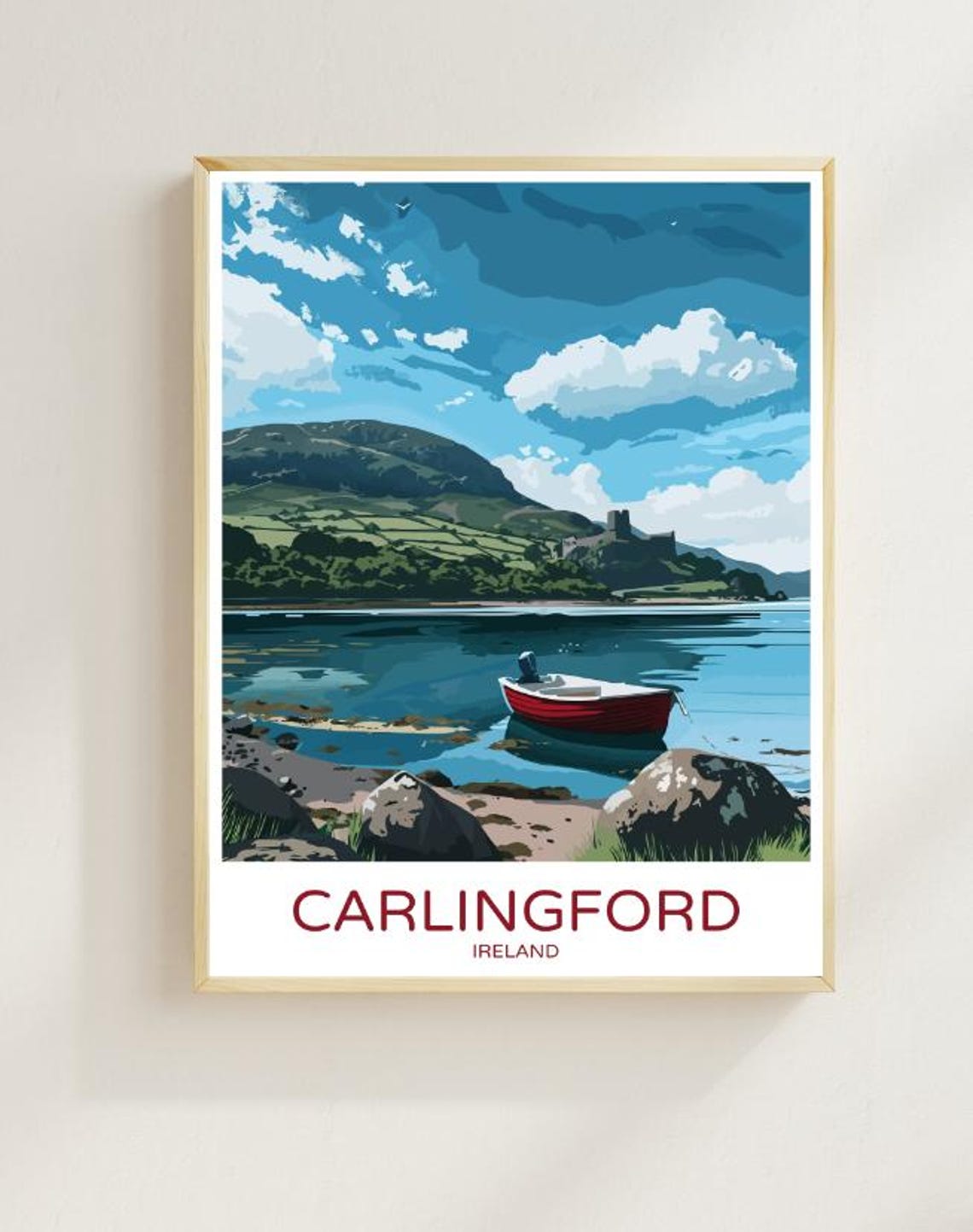 Carlingford Ireland Red Boat Mountain Lake Coastal View Poster