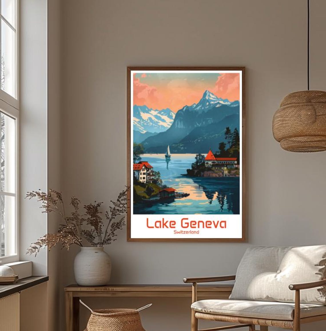 Lake Geneva Switzerland Alpine Sunset Sailboat Scene Travel Poster - Image 4