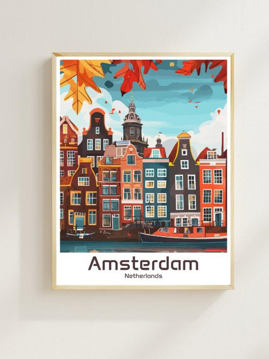 Amsterdam Netherlands Canal Houses Falling Autumn Leaves Poster