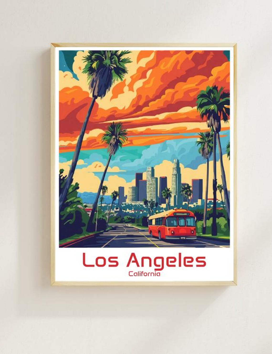 Los Angeles California Downtown Skyline Palms And Red Bus Poster