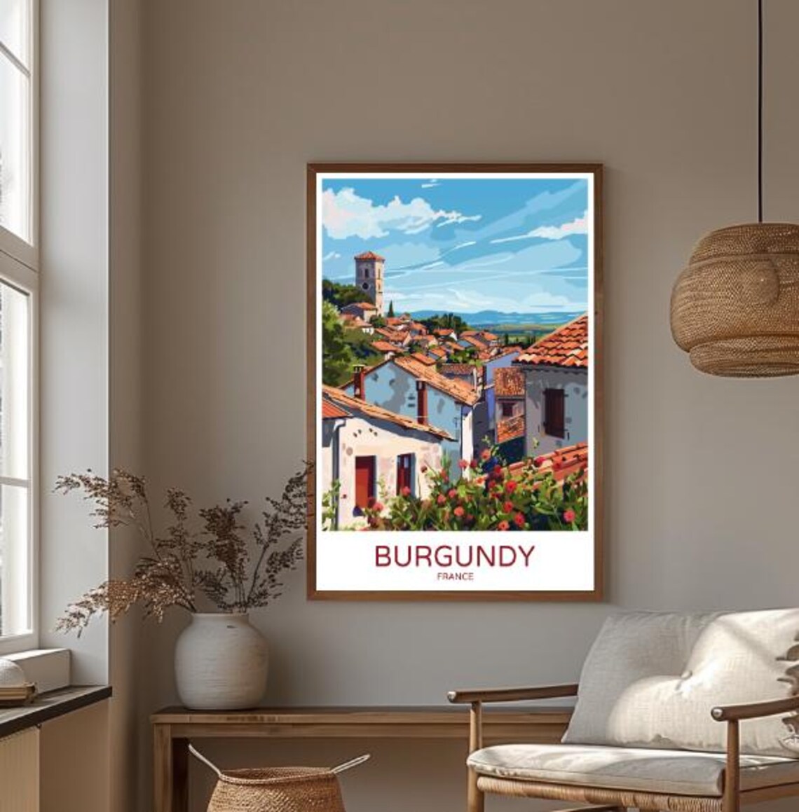 Burgundy France Hilltop Village Terracotta Roofs Travel Poster - Image 3