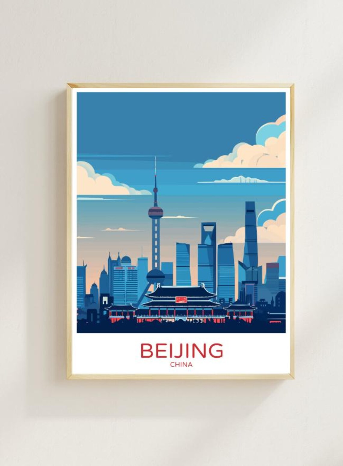 Beijing China Illustrated Skyline Temple Colorful Travel Poster