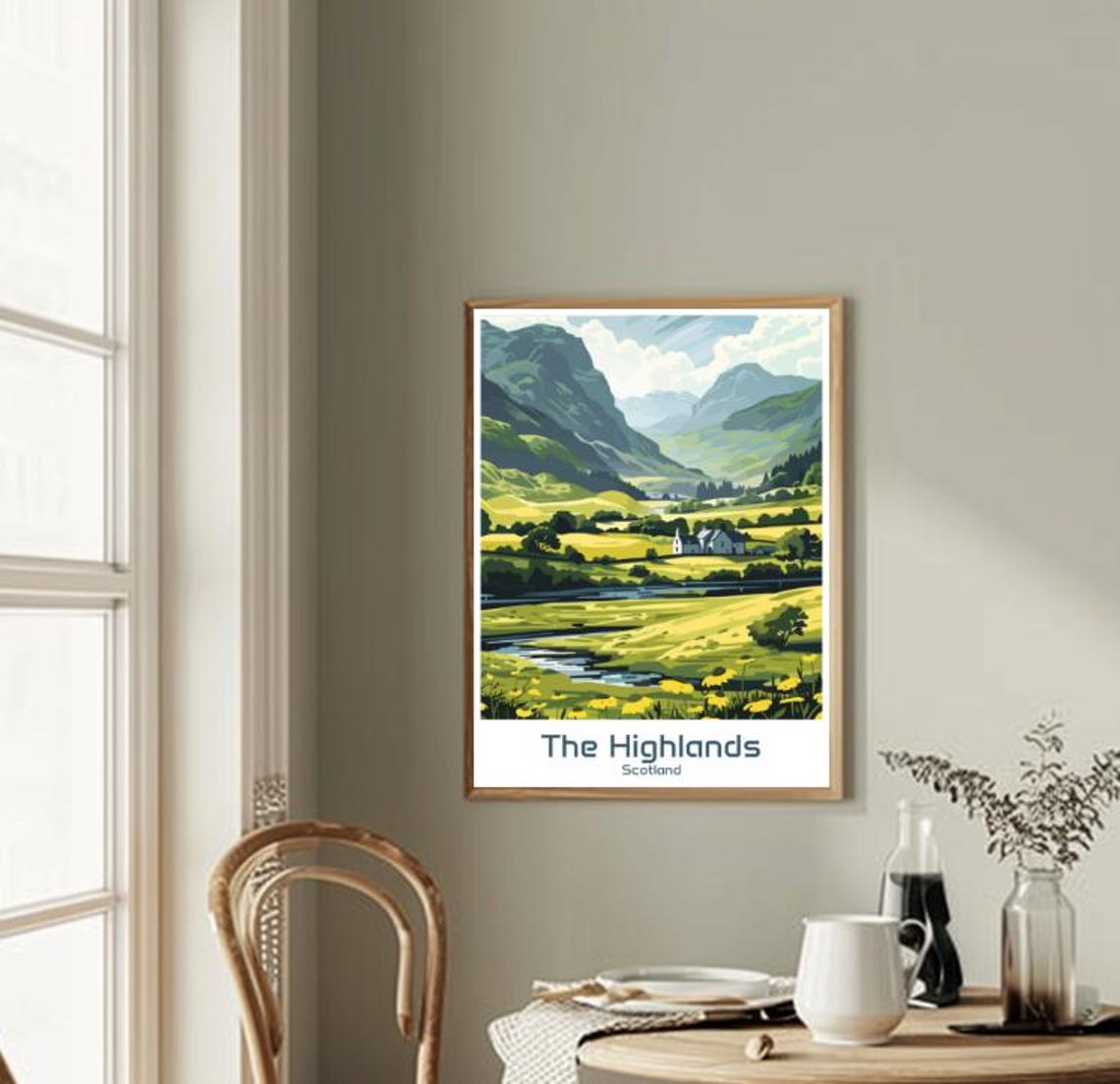 Scottish Highlands Green Valley River and White Cottage Poster - Image 2