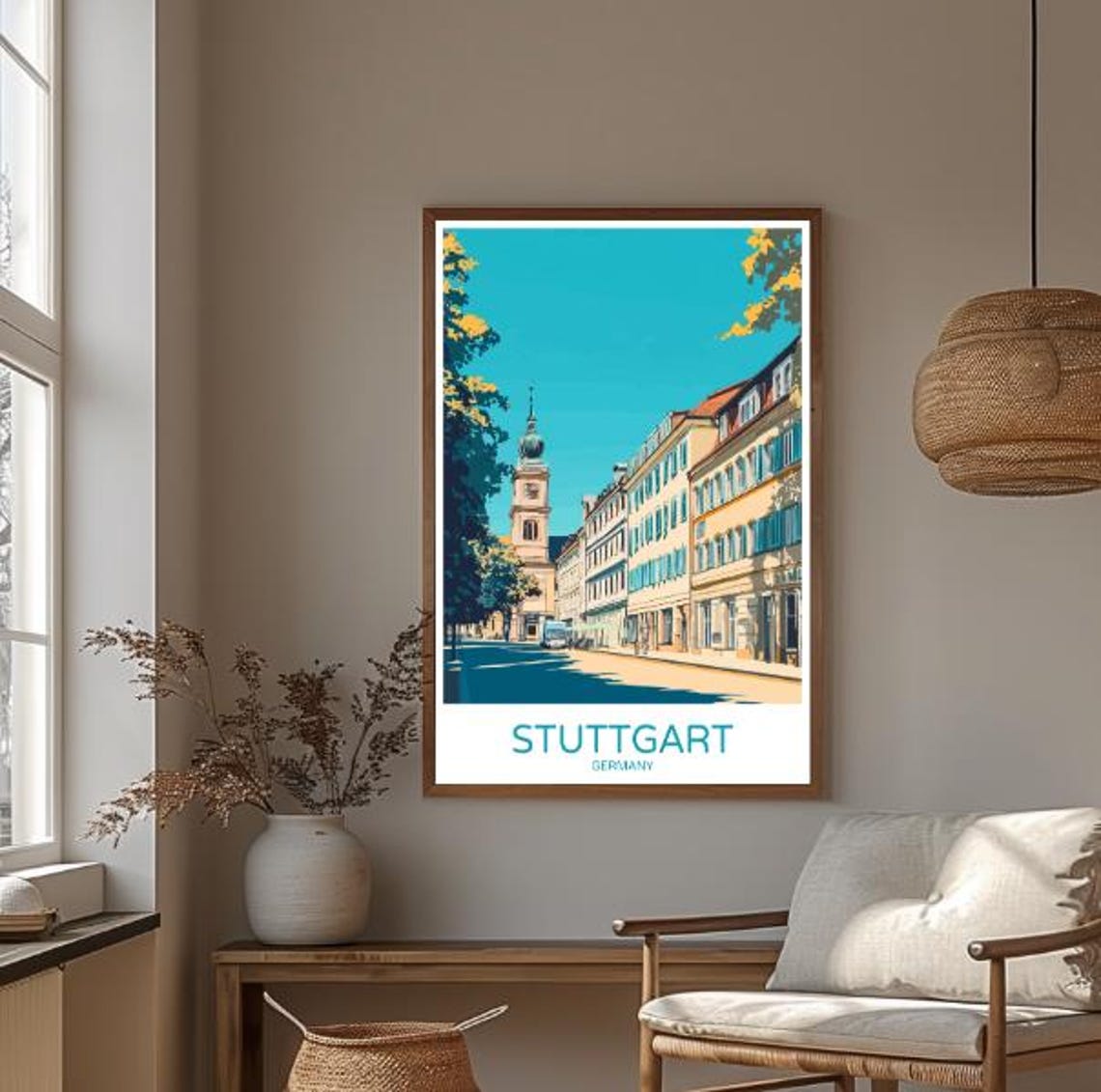 Stuttgart Germany Historic Street Church Tower City Art Poster - Image 3