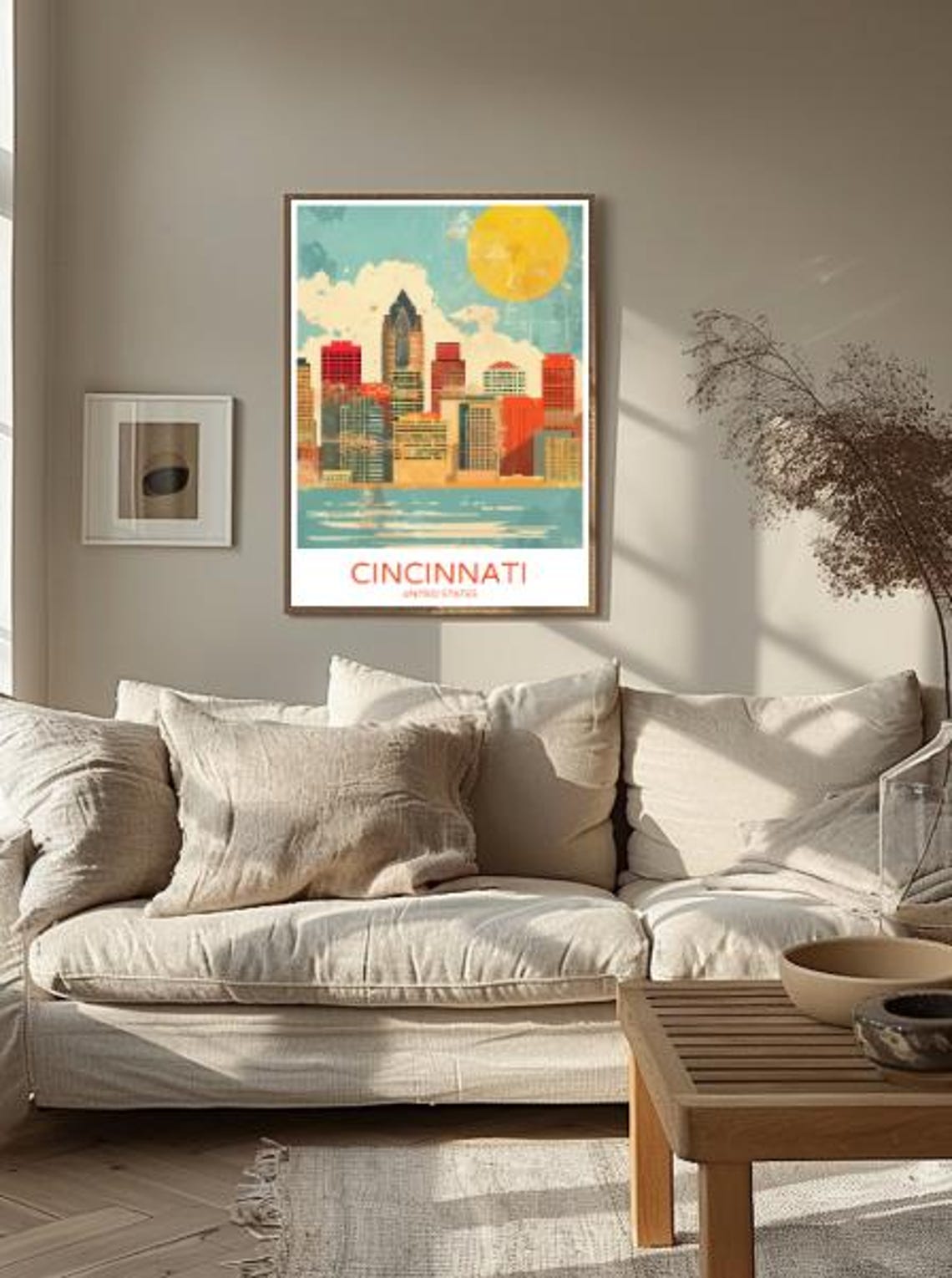 Retro Cincinnati Ohio Skyline Poster With Bold Sun Over City Buildings - Image 2