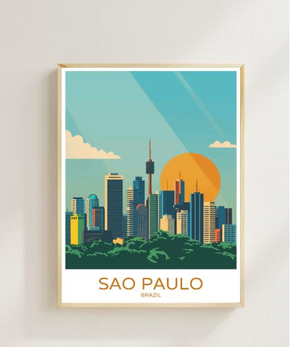 Sao Paulo Brazil City Skyline Golden Sunset Vintage Travel Poster