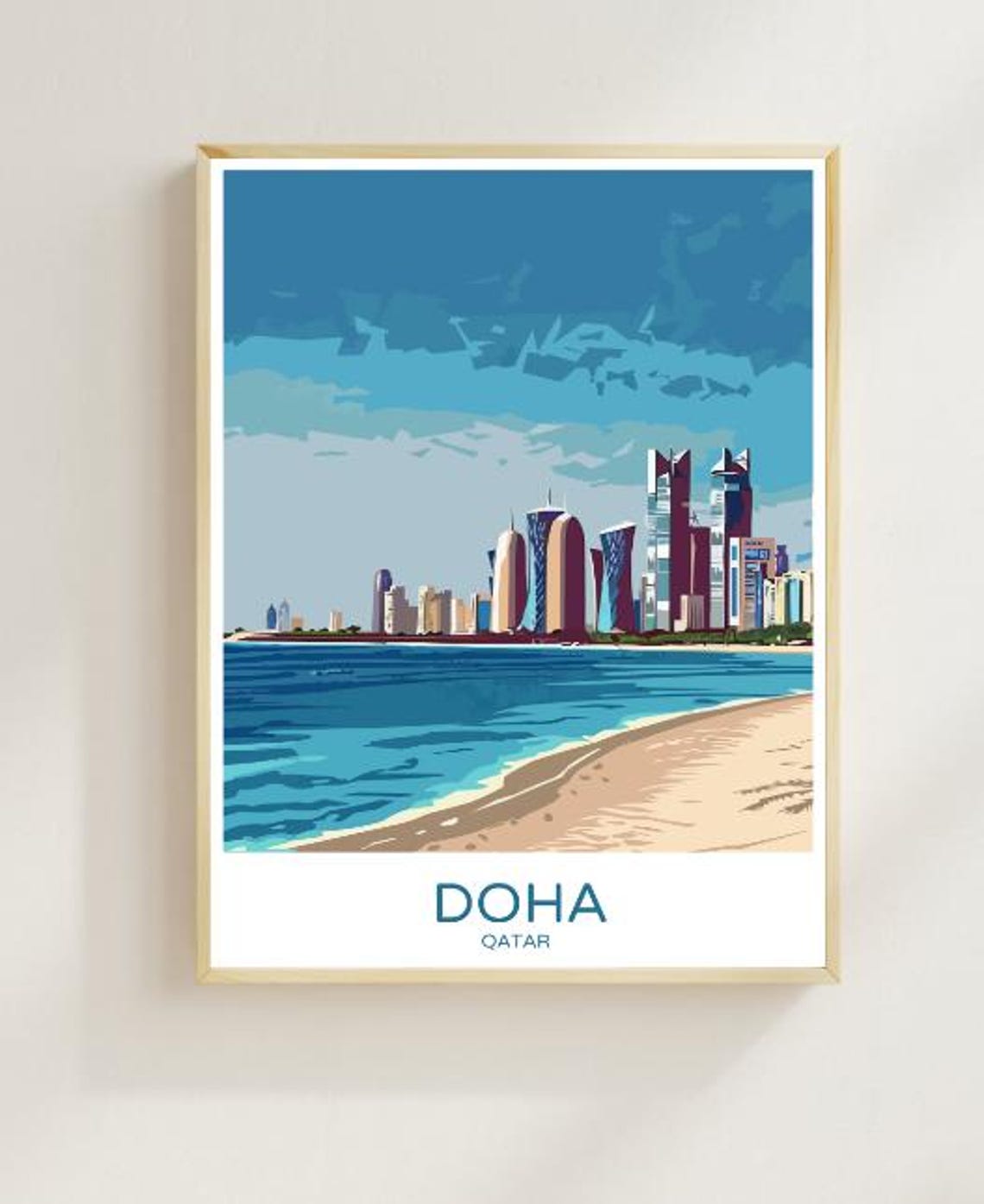 Doha Qatar City Skyline Poster Over a Tropical Beachfront Bay