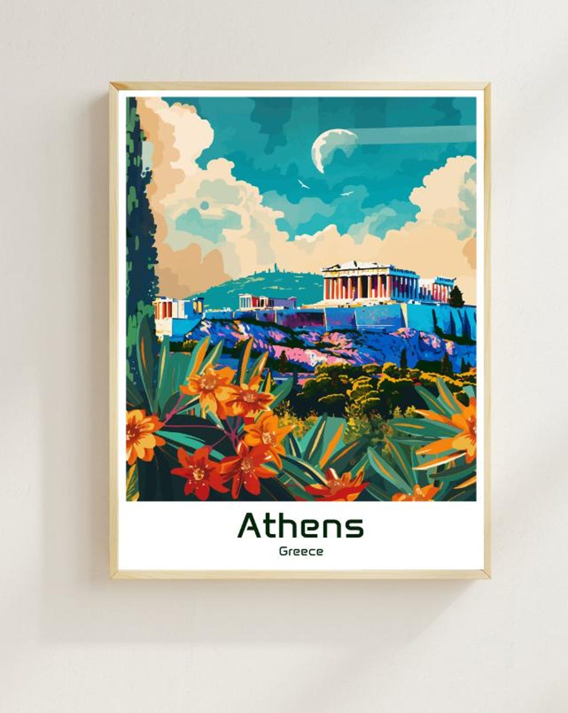 Athens Greece Acropolis Parthenon Flowers Sunny Day Travel Poster