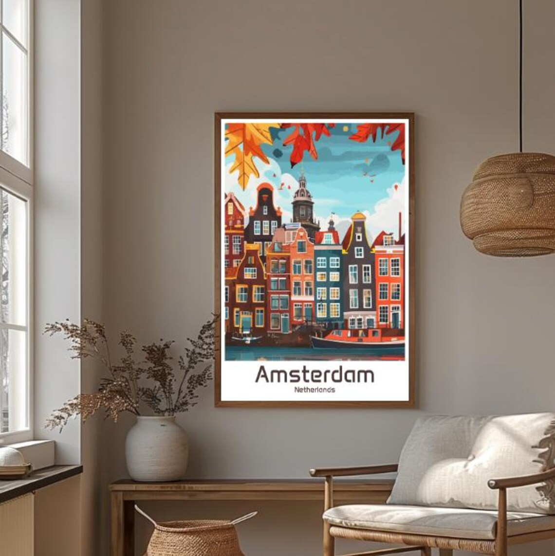 Amsterdam Netherlands Canal Houses Falling Autumn Leaves Poster - Image 4