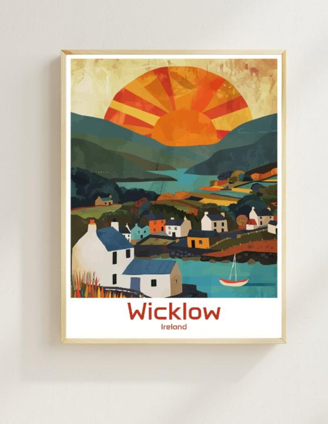 Wicklow Ireland Harbor Village Sunset Boats Coastal Scene Poster