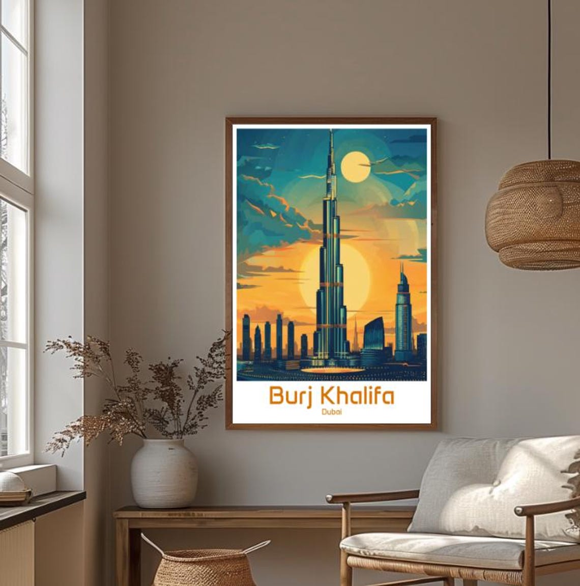 Burj Khalifa Dubai Skyline Glowing Under Golden Sunset Moon Poster - Image 4