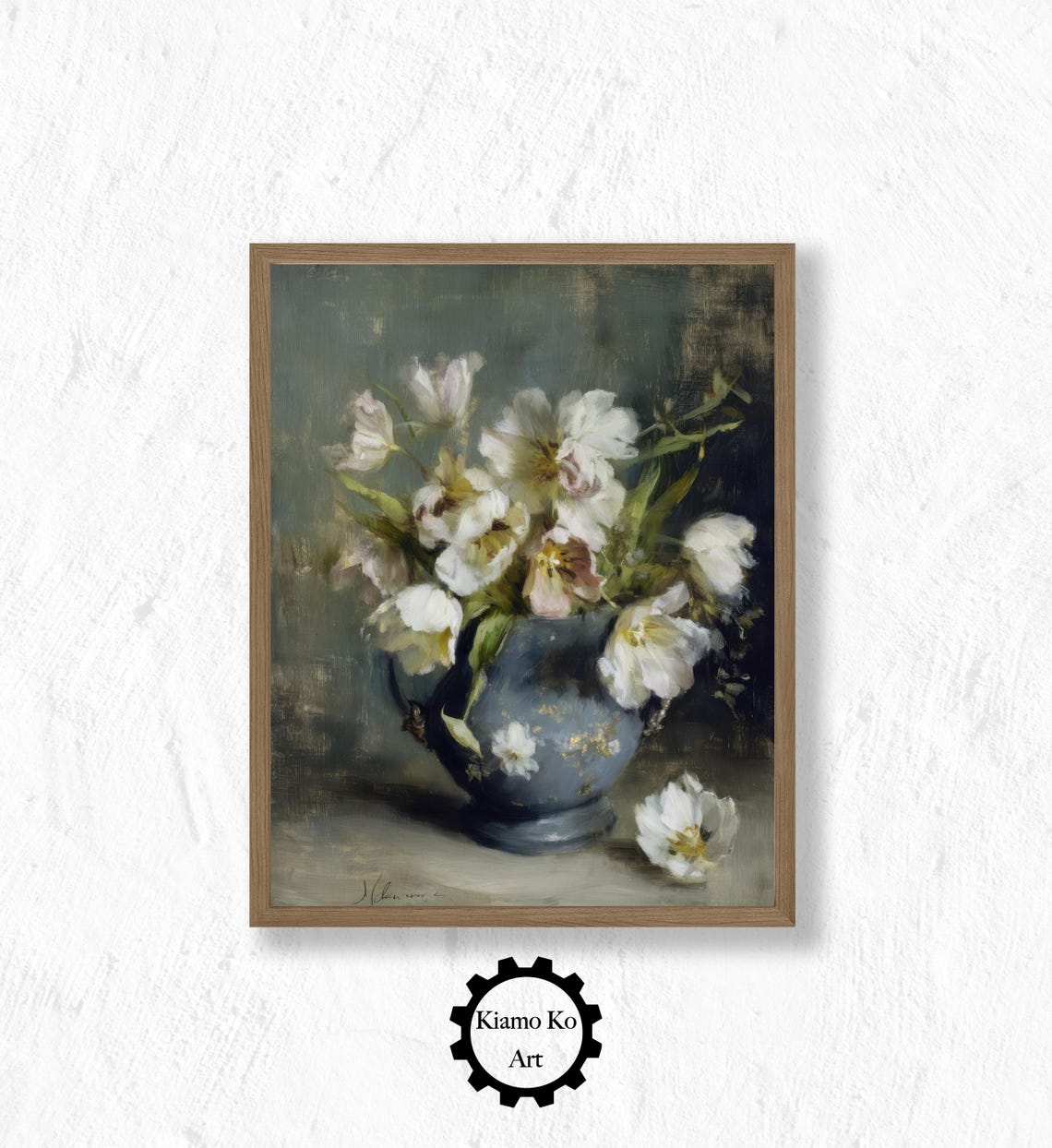 White Blossoms in a Blue Gray Pitcher Vintage Style Floral Poster