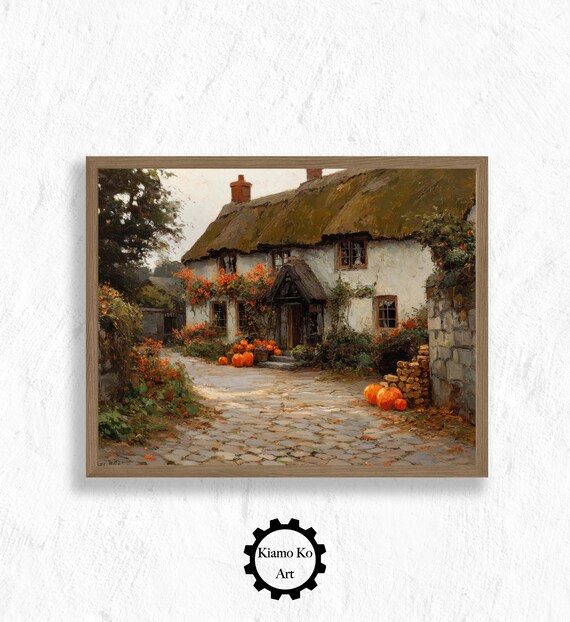 Thatched Cottage With Pumpkins On A Golden Autumn Morning Wall Art