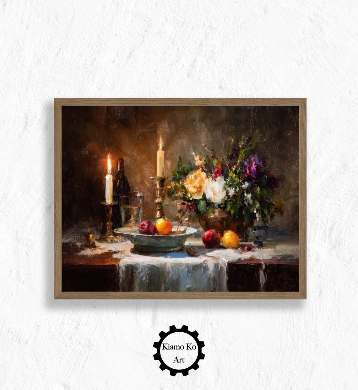 Candlelit Still Life With Wine Bottle Fruit And Flowers Poster