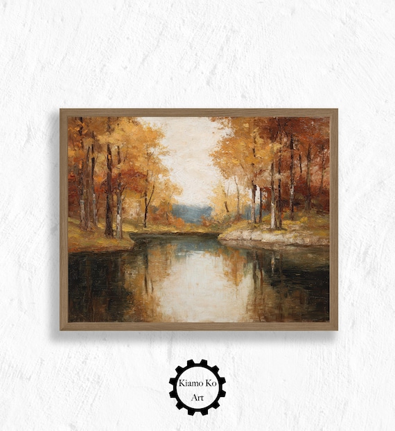 Autumn Forest Lake Reflection Golden Fall Trees Landscape Painting Poster