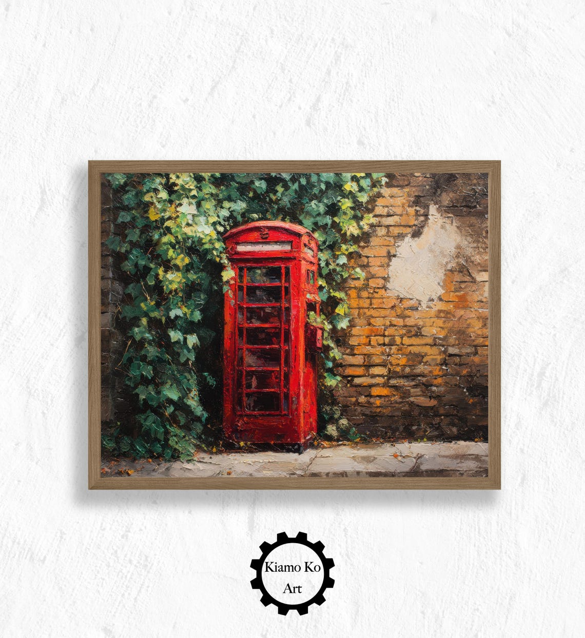 Classic British Red Phone Booth By An Ivy Covered Brick Wall Poster