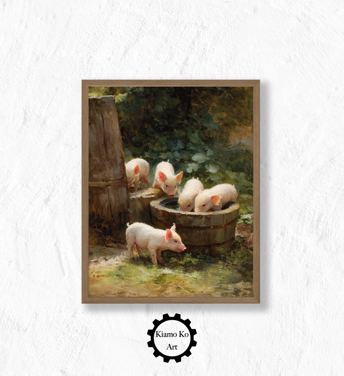 Five Playful Piglets Drinking From A Wooden Trough Farm Art Poster