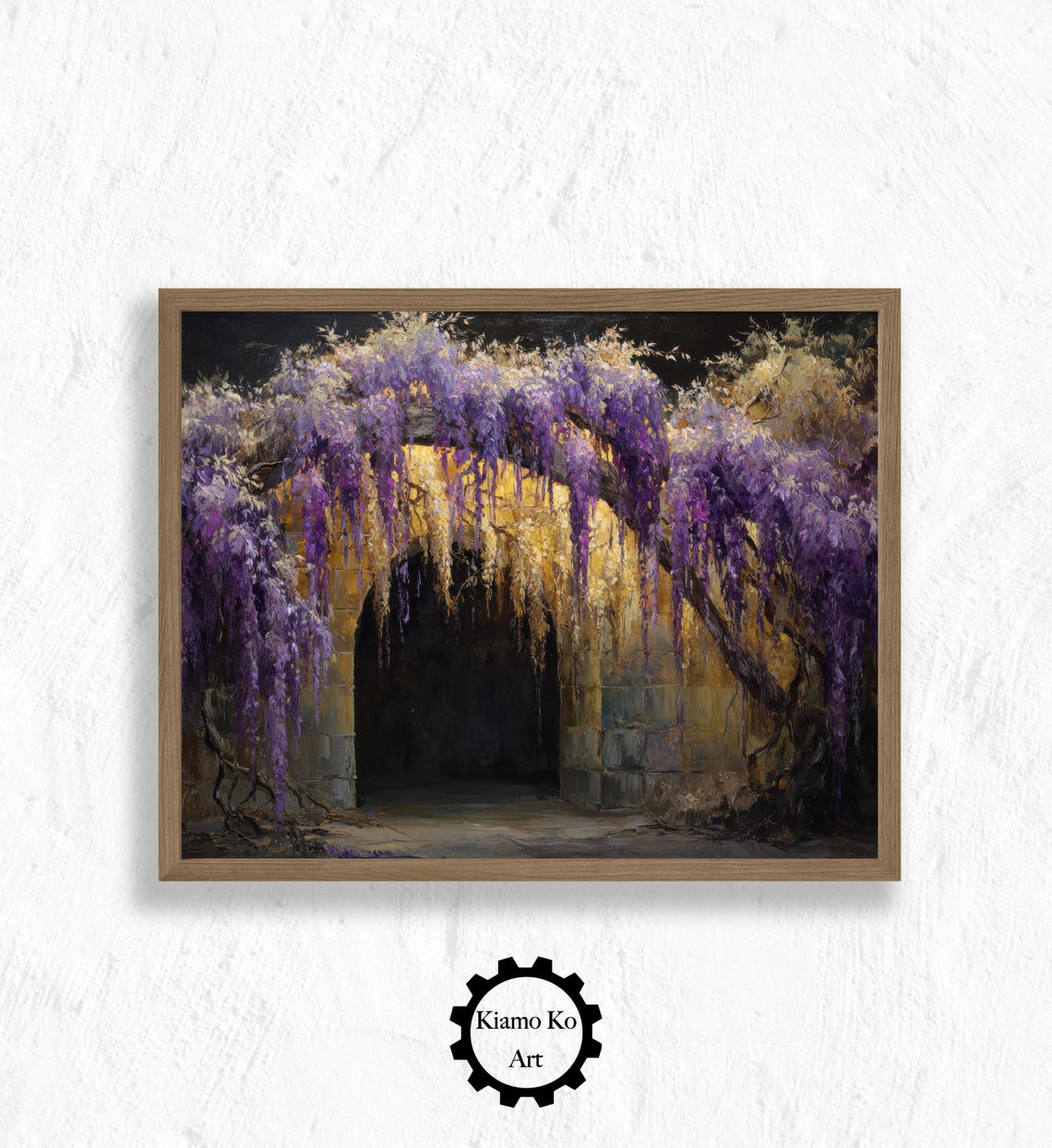 Wisteria Draped Stone Archway Glowing Gold at Dusk Floral Art Poster