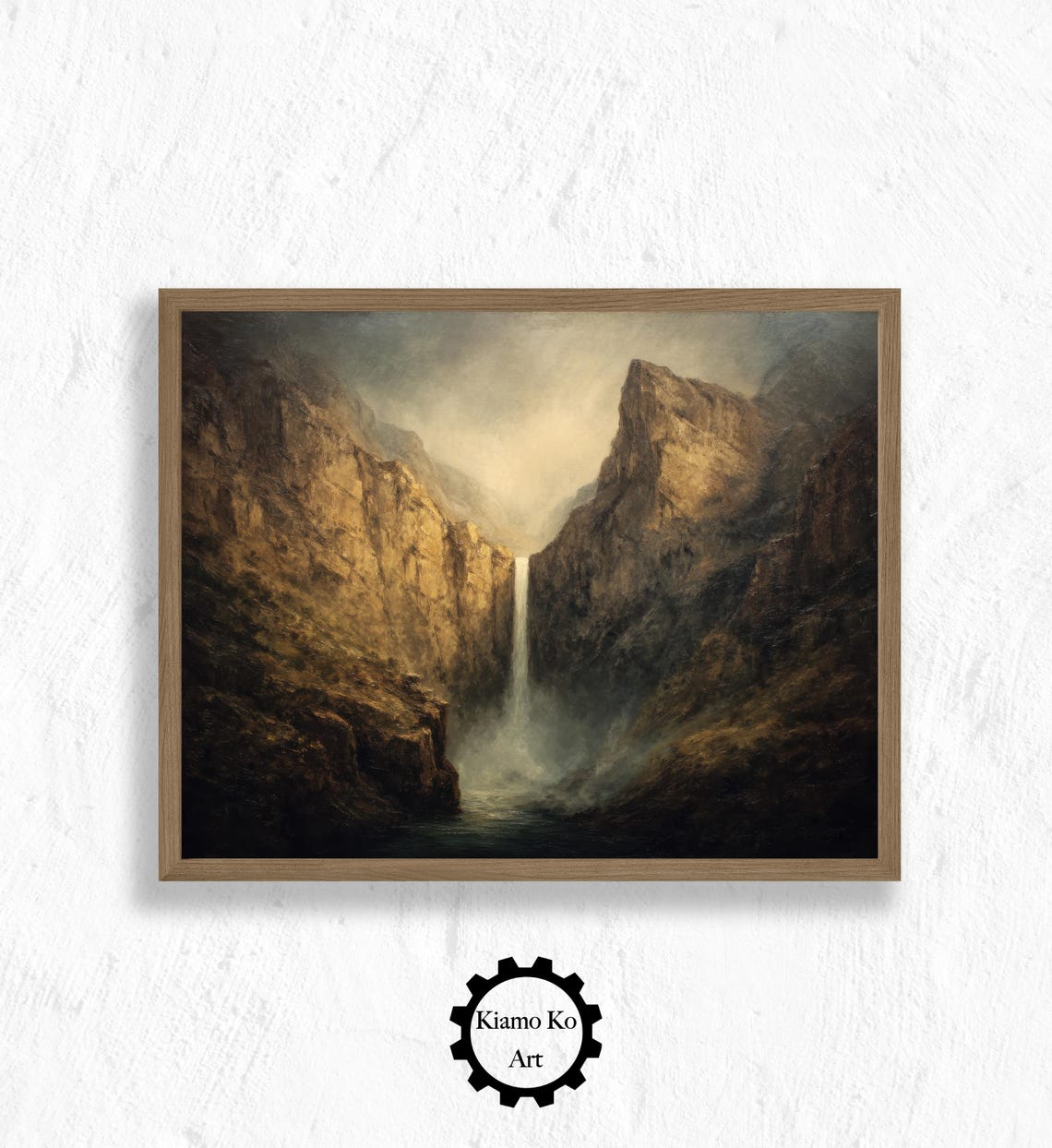 Misty Waterfall Between Dark Cliffs Dramatic Vintage Landscape Poster
