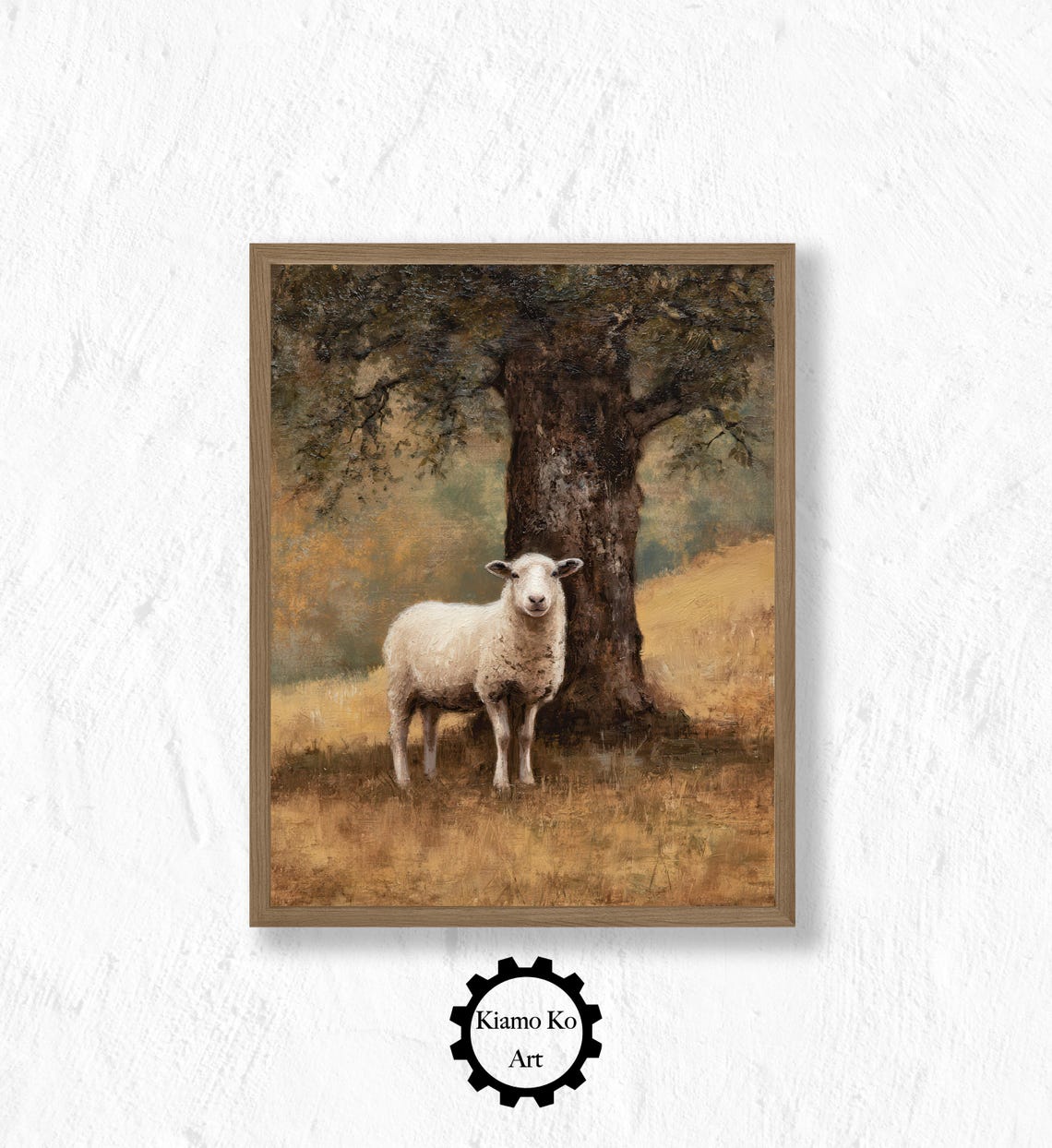 White Sheep Standing by a Big Oak Tree in a Golden Meadow Wall Art