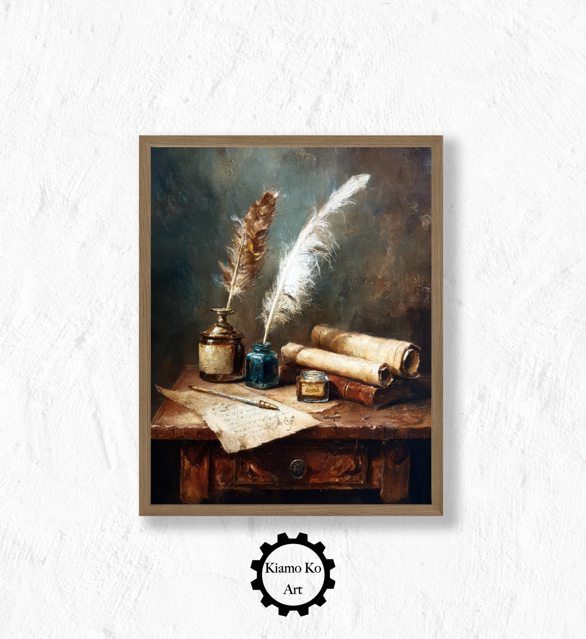 Antique Quill Pens Ink Bottles And Scrolls On A Wooden Desk Poster
