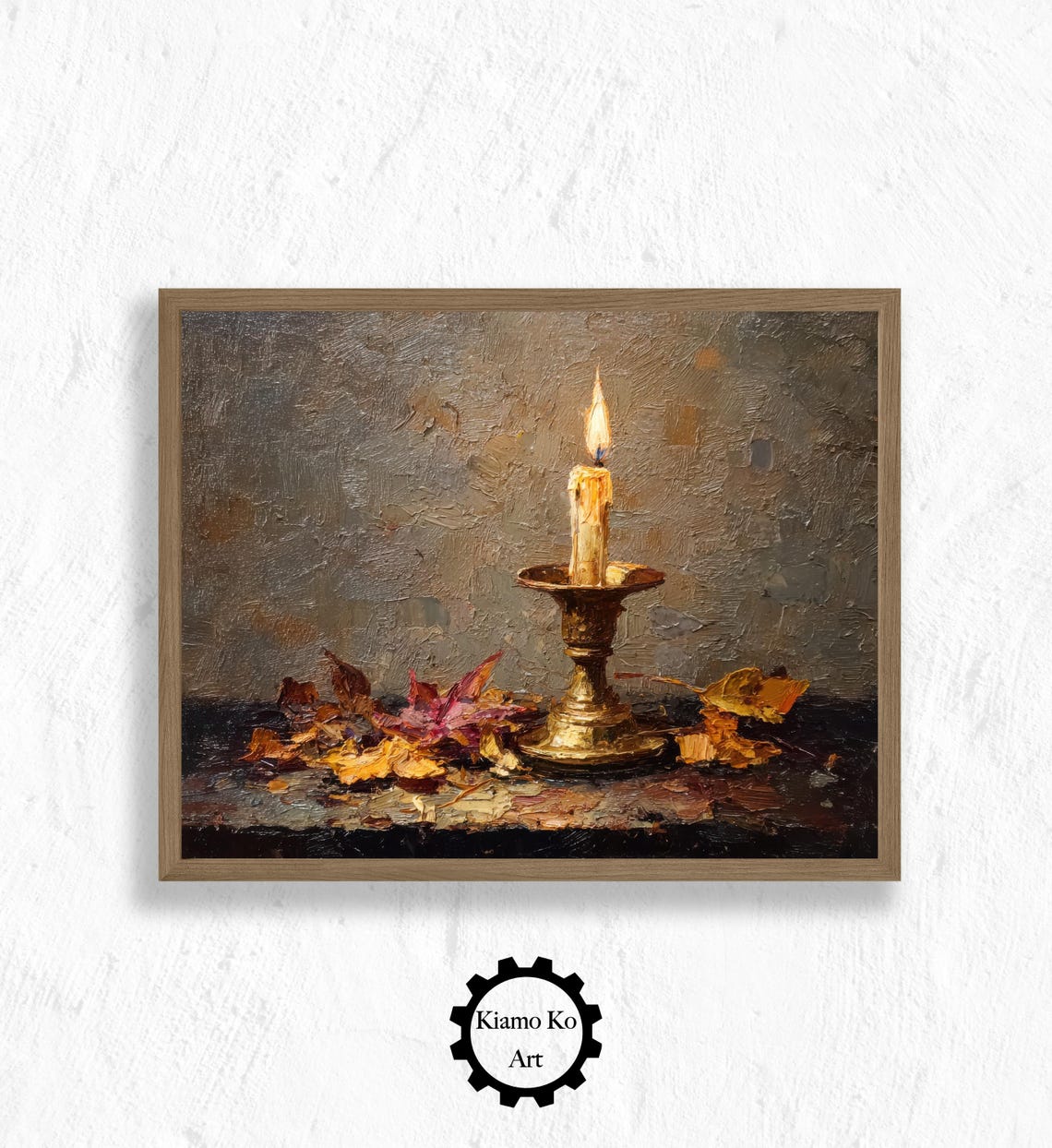 Glowing Candle With Autumn Leaves Cozy Rustic Still Life Art Poster