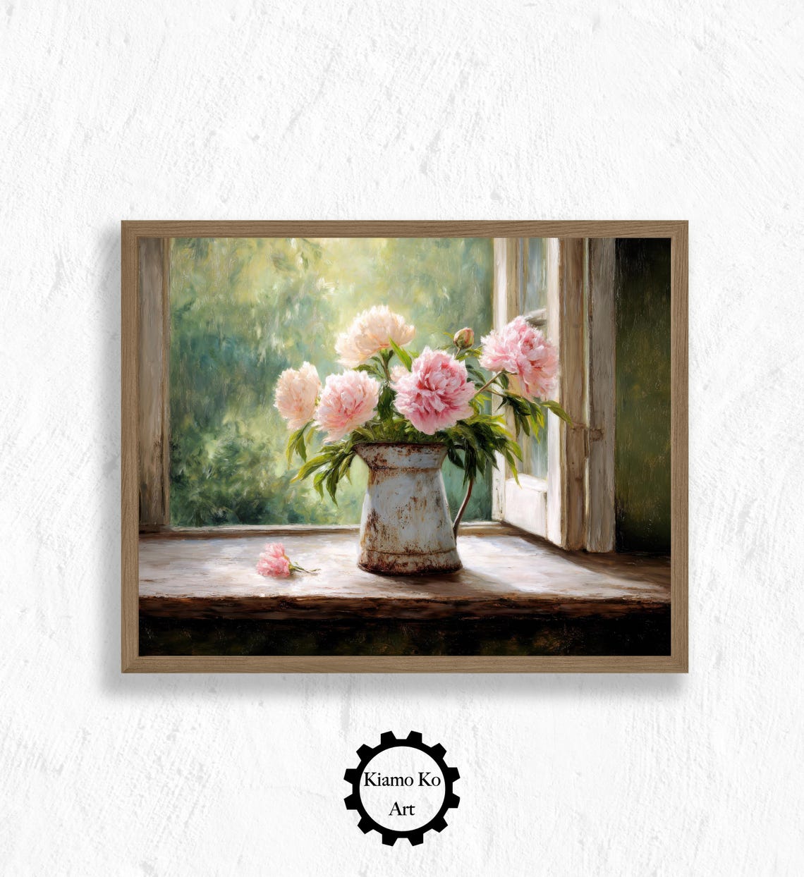 Pink Peonies In Enamel Pitcher On Sunny Windowsill Art Poster