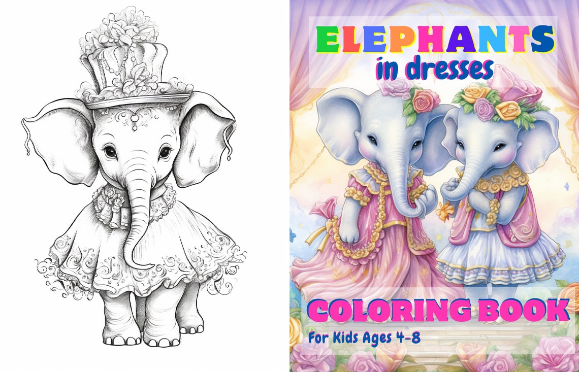 Elephants in Dresses Coloring Book Art Print For Kids Ages 4 to 8