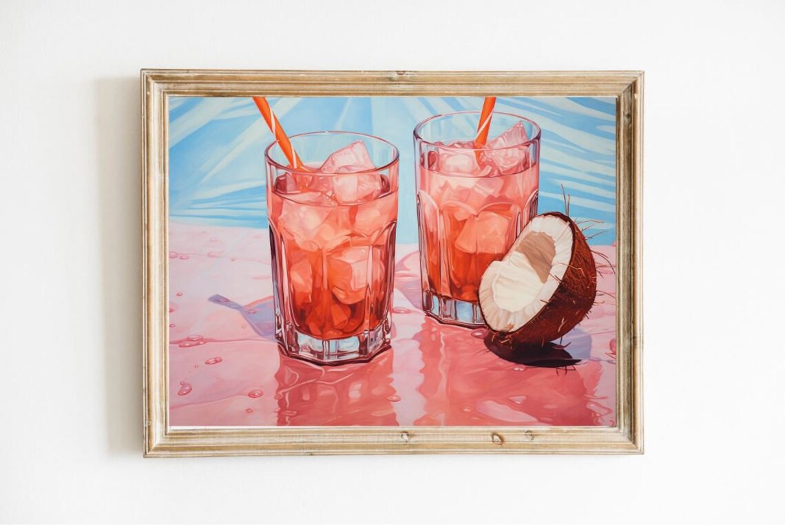 Pink Coconut Cocktail Summer Ocean Juicy Painting Bar Cart Art Print