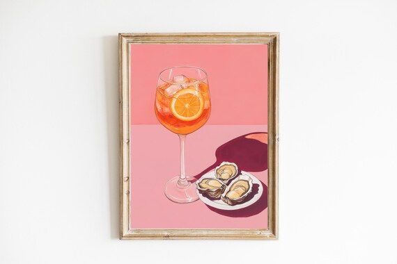 Aperol Spritz And Oysters Pink Cocktail Art Print Bar Cart Decor