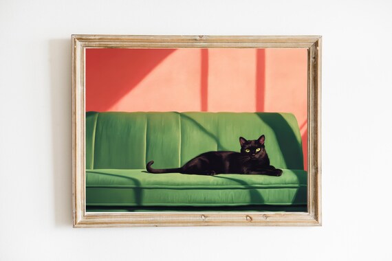 Black Cat Resting On Green Sofa Oil Painting Quirky Decor Poster