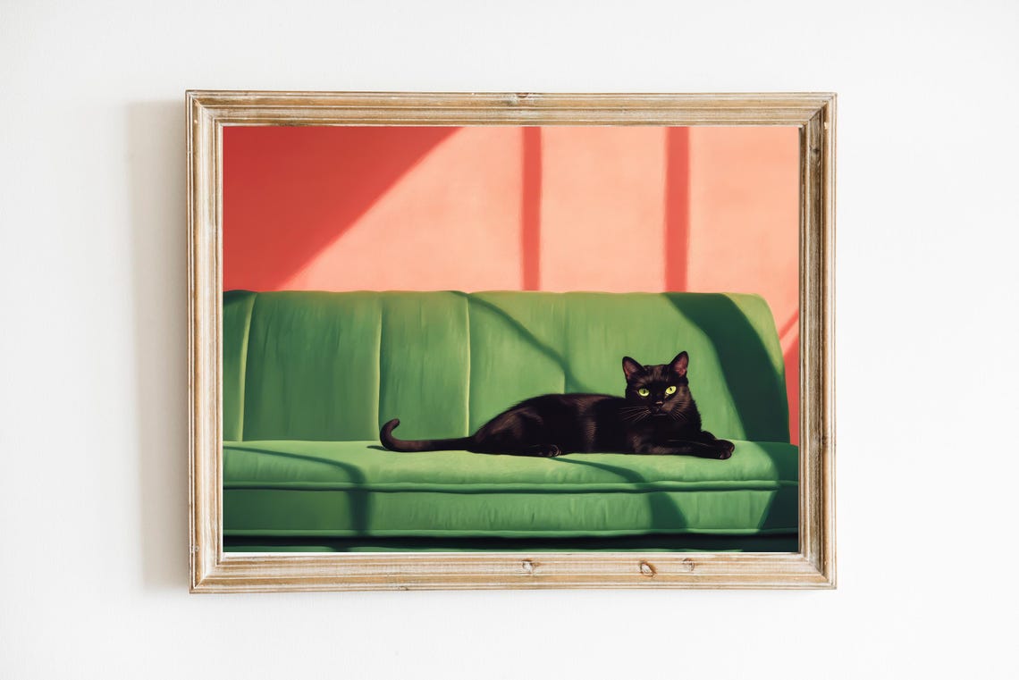 Black Cat Resting On Green Sofa Oil Painting Quirky Decor Poster