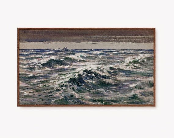 Frame Tv Art Vintage Seascape Painting Moody Dark Blue Ocean Waves Antique Artwork Original Coastal Tv Art