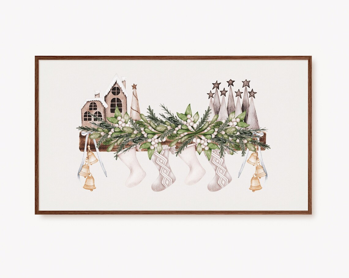 Christmas Stockings and Garland Watercolor Holiday Art Poster