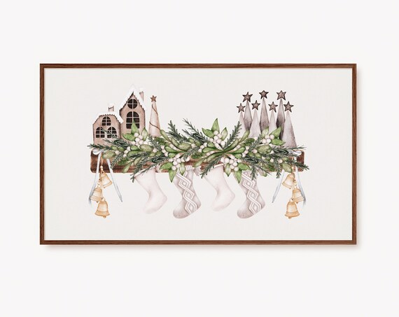 Christmas Stockings and Garland Watercolor Holiday Art Poster