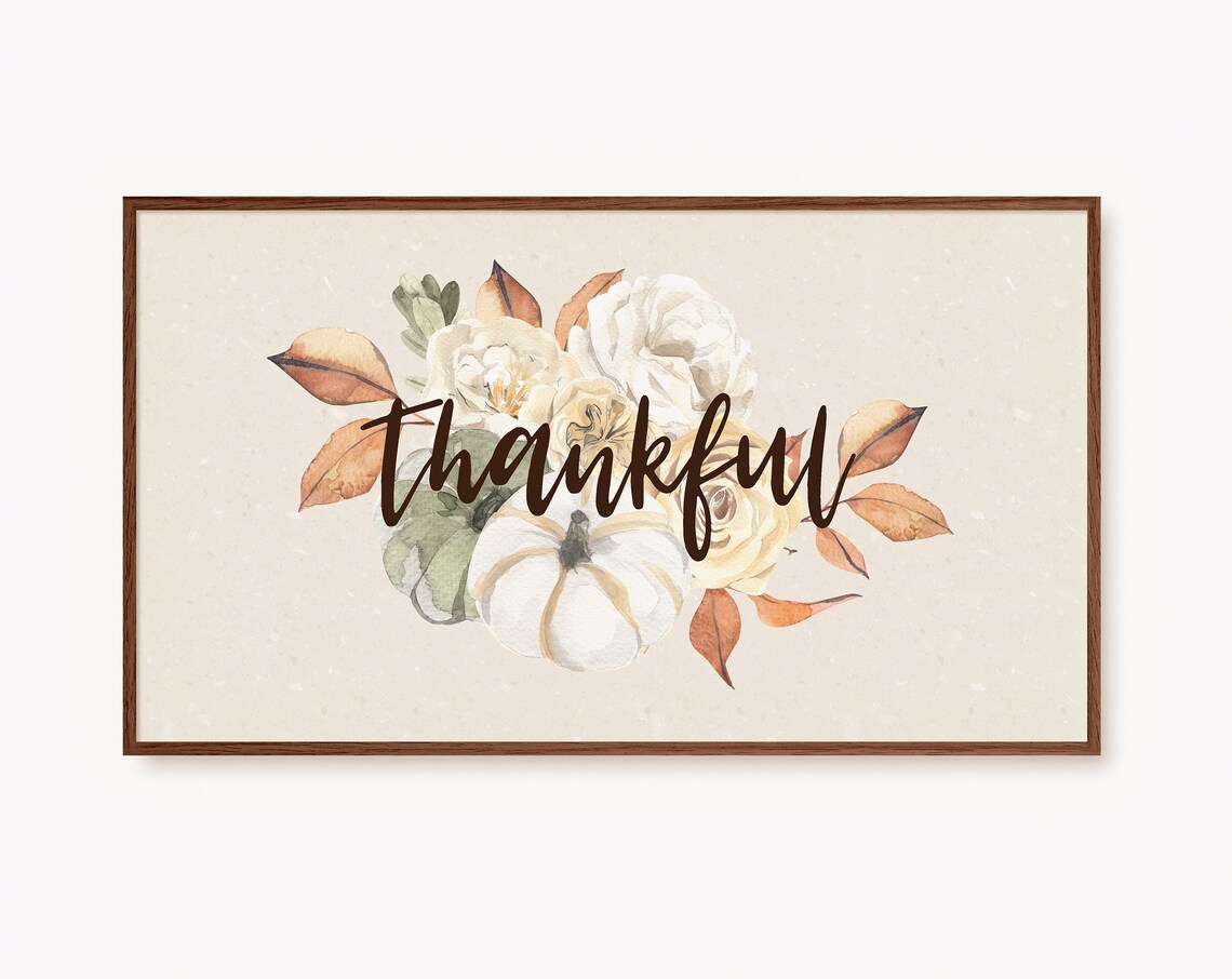 Thankful Pumpkin Autumn Floral Watercolor Thanksgiving Decor Poster