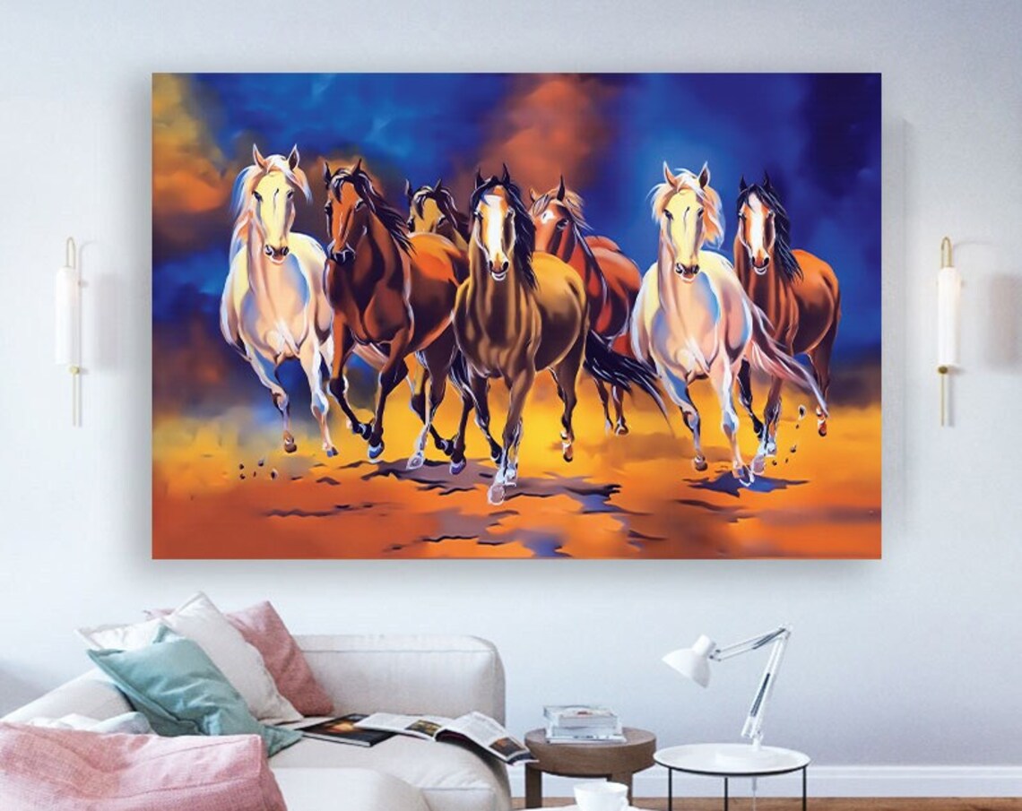 Seven Horses Running Toward Viewer Orange Blue Sky Painting Poster