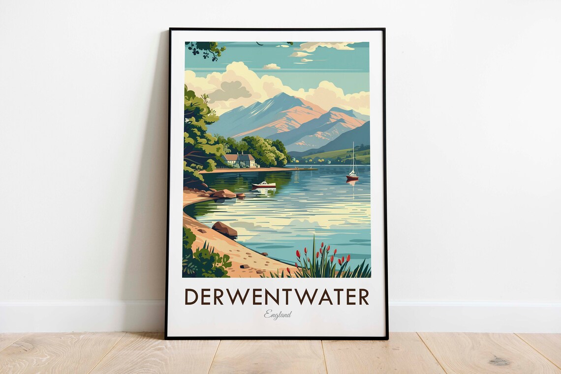 Derwentwater Lake District Lakeshore Boats Mountain View Travel Poster