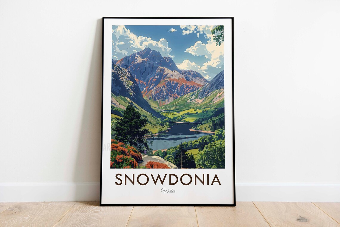 Snowdonia Wales Mountain Lake Valley Scenic Illustration Poster - Image 3