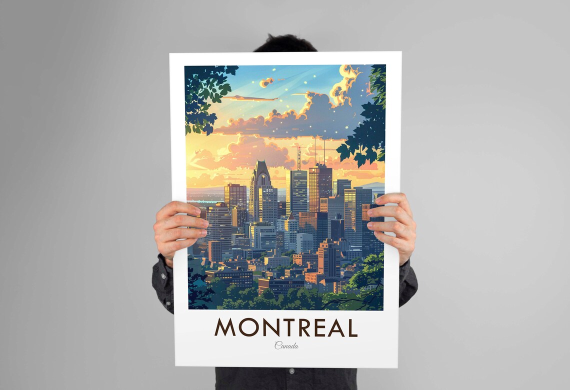 Montreal Canada Vintage Downtown Skyline Sunset Golden Travel Poster - Image 3