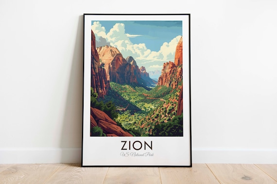Zion US National Park Red Rock Canyon Valley Vintage Illustration Art Poster