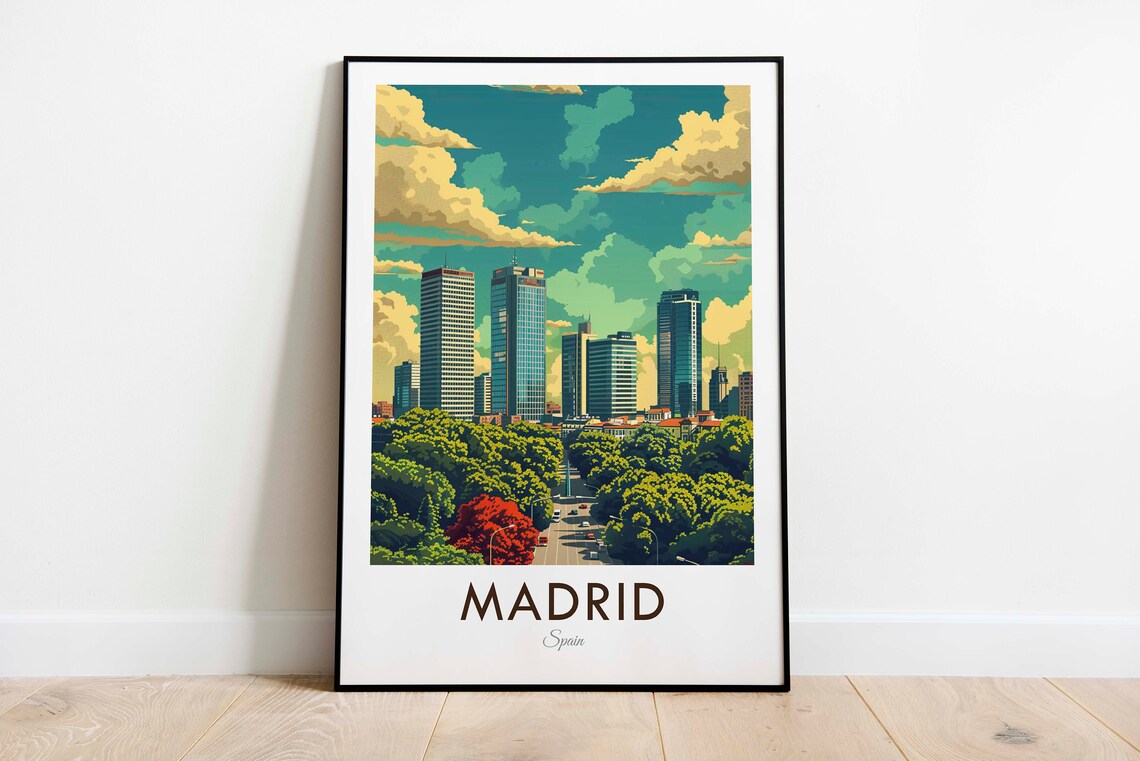 Madrid Spain Modern Skyscraper Skyline Teal Sky Travel Poster