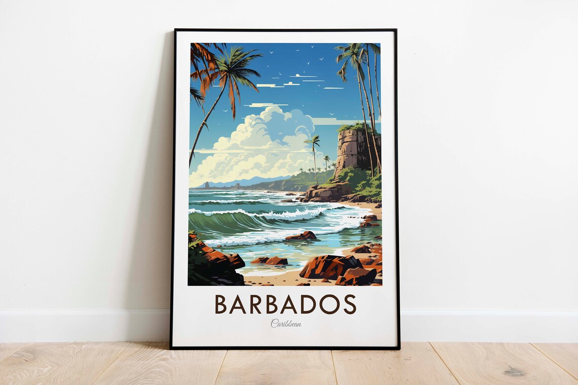 Barbados Caribbean Island Palm Beach Cliffs Vintage Travel Poster