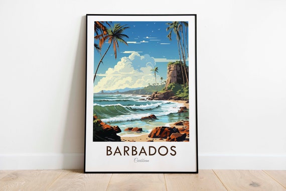 Barbados Caribbean Island Palm Beach Cliffs Vintage Travel Poster