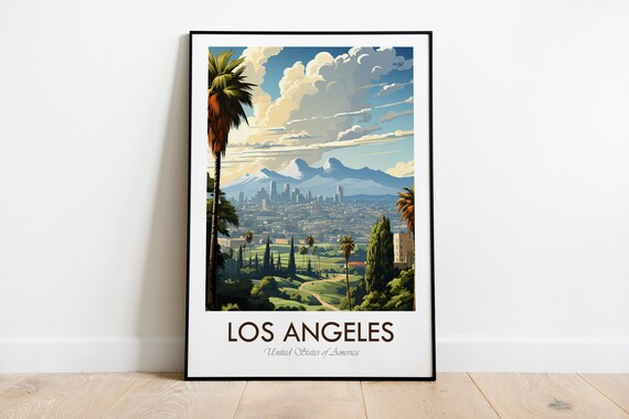 Los Angeles Skyline Mountains Palm Vintage Panorama Travel Poster