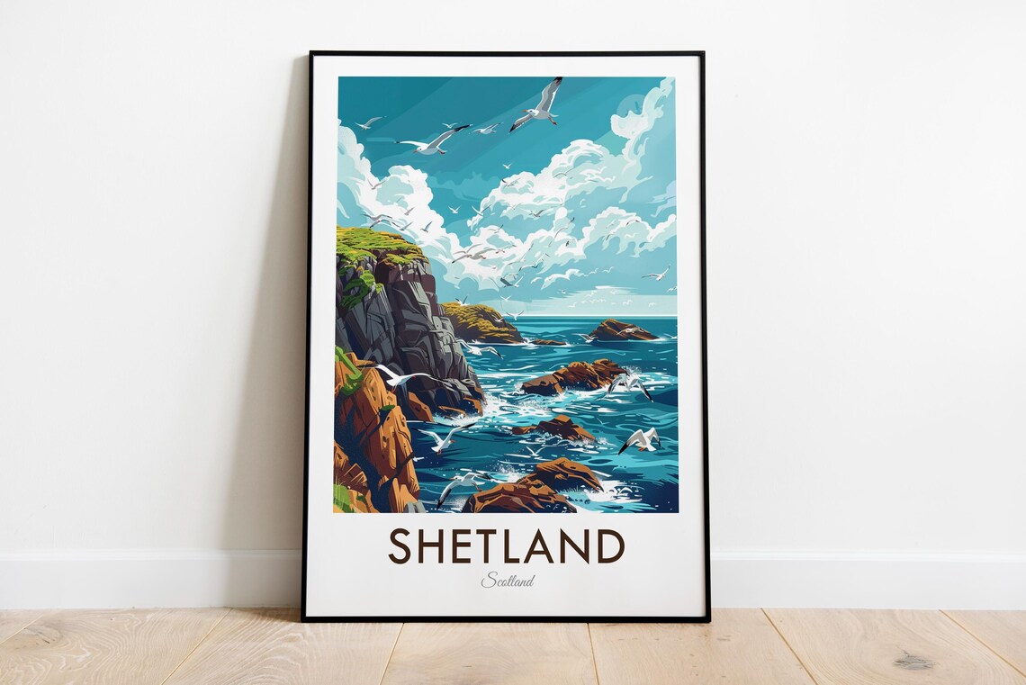 Shetland Scotland Sea Cliffs Seabirds Wild Coast Vintage Travel Poster