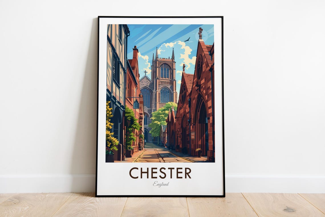 Chester England Cathedral Tudor Street Scene Vintage Travel Poster