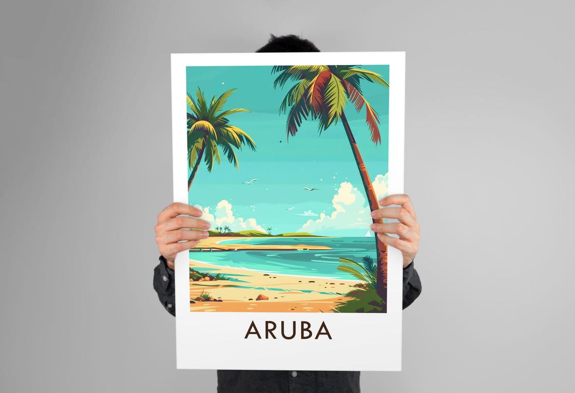 Aruba Caribbean Palm Trees Turquoise Beach Vintage Travel Poster - Image 3