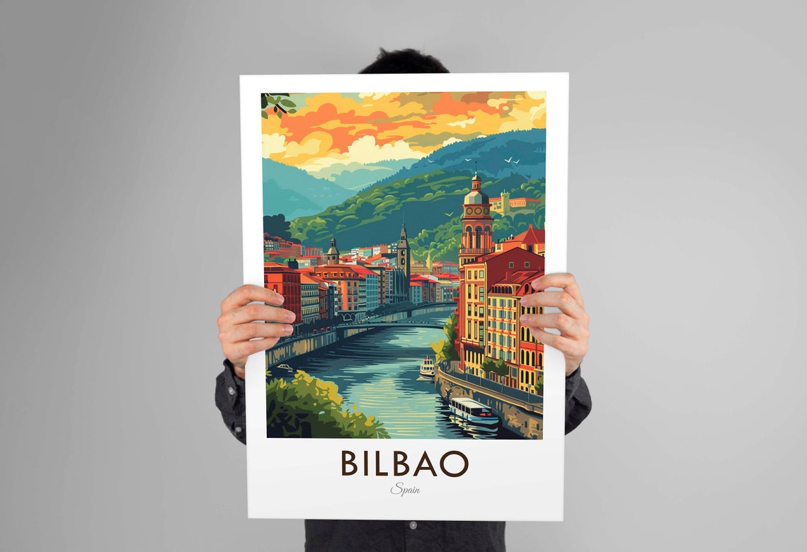 Bilbao Spain Vintage Riverside Old Town Skyline Travel Art Poster - Image 3
